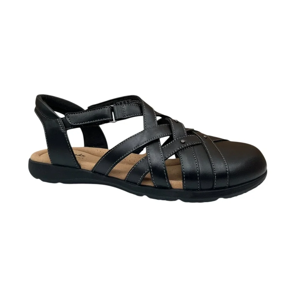 Clarks Elizabelle Sea Womens Leather Fisherman Sandals Size 8.5 Black Adjustable
